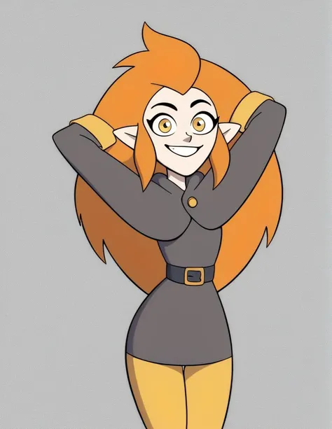 eda clawthorne, orange hair, long hair, yellow eyes, pointy ears,
, capelet, grey skirt, yellow sleeves, yellow leggings, 
smile...