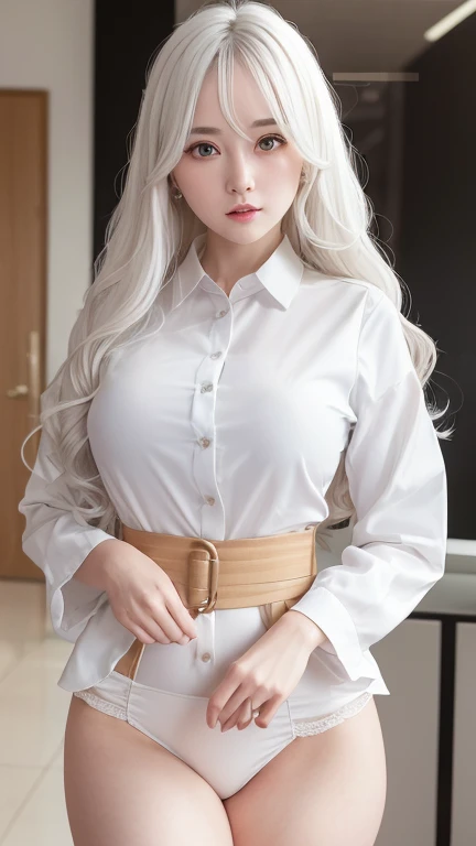 Three Women，((Milky white hair、Wavy Semi-Long))，An elegant, upper-class, elite secretary wearing a business shirt、I work in an office、厳格なWearing a business suit、I&#39;m wearing pantyhose、I&#39;m wearing high heels、Three girls in shirts、Wearing a business s...