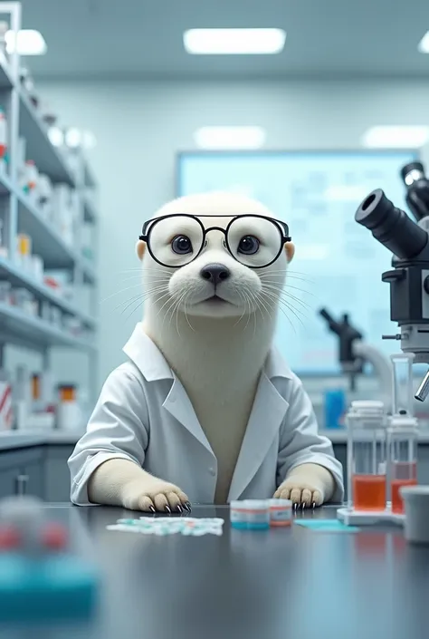 White otter with glasses and white coat inside a bioanalysis laboratory 