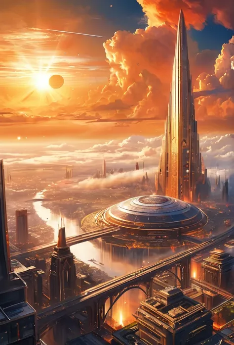 
High resolution, A super ancient high-tech urban civilization in the sky、The setting sun paints the clouds orange and you can see all the way to space、sci-fi fantasy world