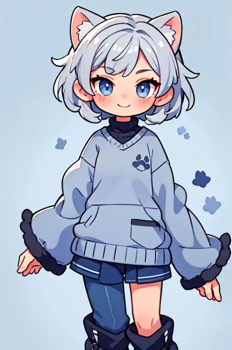 Grey Hair　Short Hair　Dark blue eyes　beautiful girl　Grey sweater　Navy blue cat ears　smile　Paw background