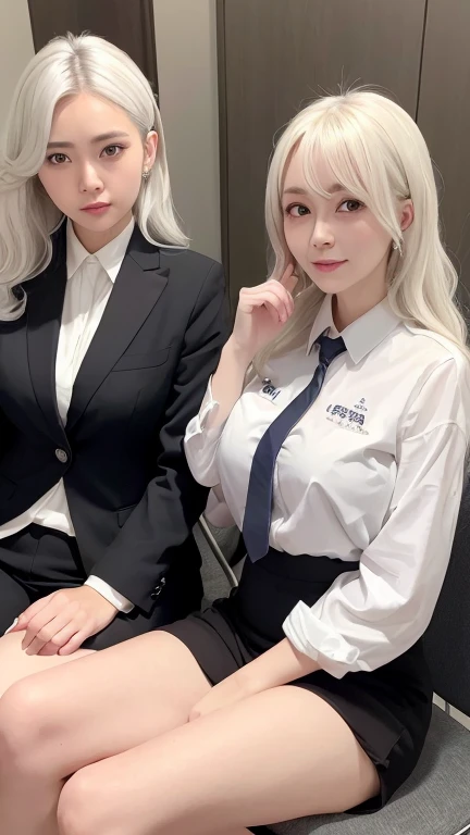 Three Women，((Milky white hair、Wavy Semi-Long))，An elegant, upper-class, elite secretary wearing a business shirt、I work in an office、厳格なWearing a business suit、I&#39;m wearing pantyhose、I&#39;m wearing high heels、Three girls in shirts、Wearing a business s...