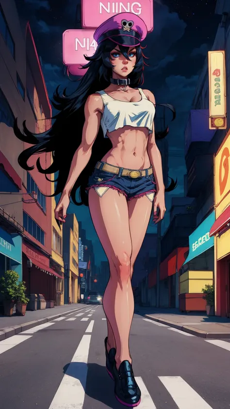 black hair,blue eyes,long hair,white crop top,collar,short shorts, peaked cap, upper body,walking, nice shoes,looking at viewer,...