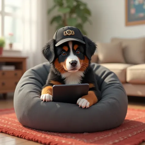 The image shows a small dog sitting on a round grey bean bag chair in a living room. The dog is a Bernese Mountain Dog with black, white, and orange fur. It is wearing a black baseball cap with a gold buckle on the front. The puppy is holding a black table...