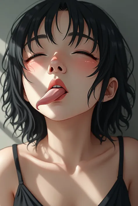 Long penis on lips、Japanese woman with her mouth open and her eyes closed、Black camisole、20 years old、Black Hair、Symmetrical face、Realistic nostrils、Angle from below、Elongated C-shaped nostrils、((Gray background))、Sweaty skin、Sweaty肌の輝きを際立たせる照明、((Sharp Nos...