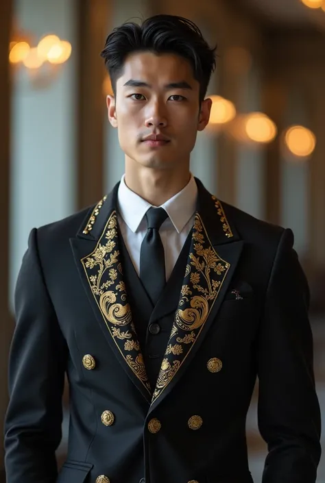 Silver eyes and a tall nose，handsome young man. Super cool S-class men wear exquisitely embroidered high-end suits，merchant，short black hair, pale skin, twenties,Shockingly handsome ，Full body photo，business meeting