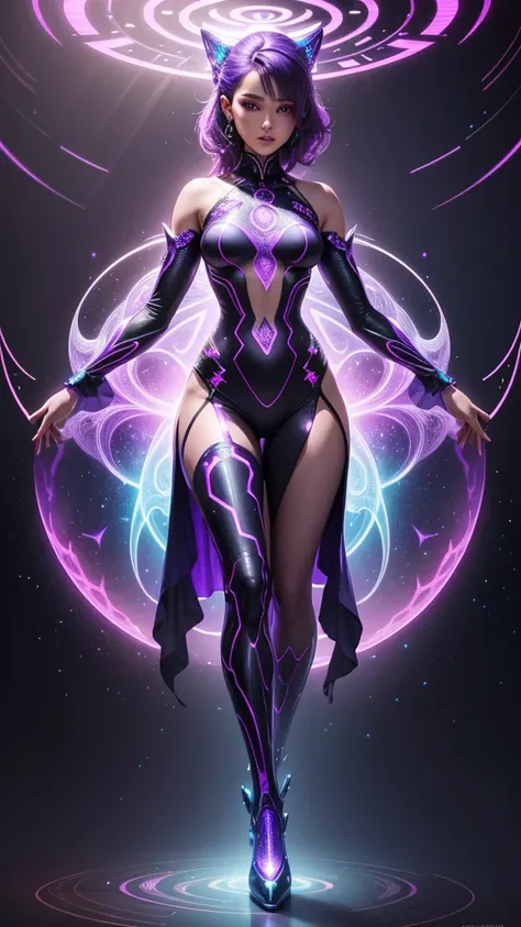 1 full-body holographic representation of a woman in vibrant purple hues, showcasing intricate holographic patterns that create a sense of depth and fluidity. She stands confidently with an elegant pose, her attire shimmering with futuristic designs that e...