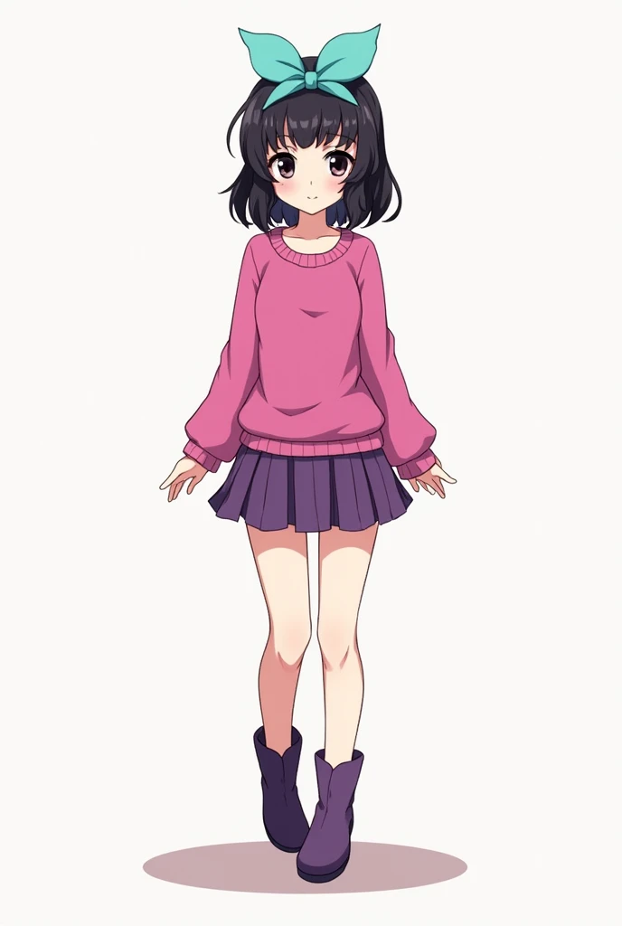 a new anime type character who apparently has black eyes, black hair color and shoulder length hair with French bangs, that it is a cup B bra and well the clothing can be a short pleated skirt,a sweater and some boots, and color combination between pink an...