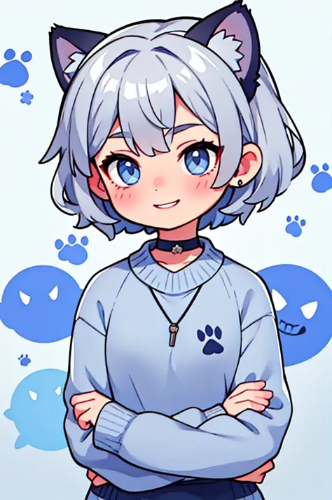 Grey Hair　Short Hair　Dark blue eyes　beautiful girl　Grey sweater　Navy blue cat ears　smile　Paw background