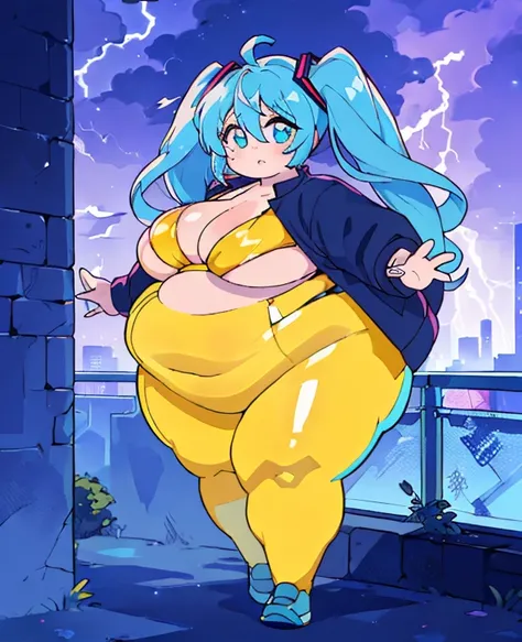 ((best quality, 4k, 8k, anime girl, masterpiece)), ((((beautiful extremely detailed face, beautiful eyes)))), glowing eyes, (slightly tanned skin), cinematic lighting, perfect anatomy, ((miku hatsune)), (((chubby, SSBBW, very obese, very wide thighs, thick...