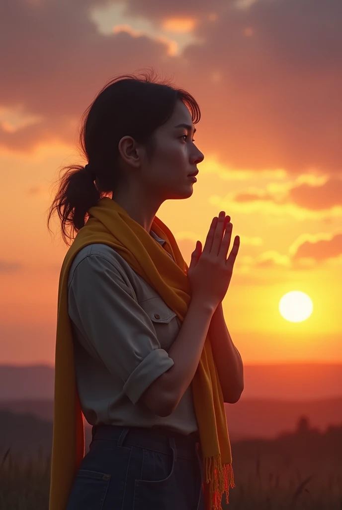  praying at sunset, she wears a yellow scout scarf