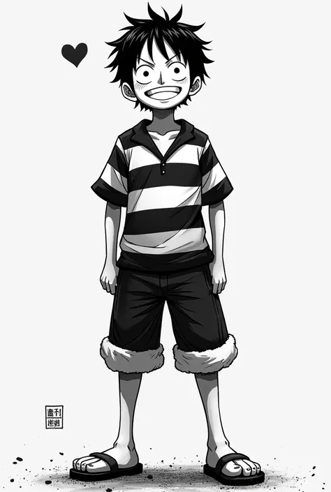 mono d. luffy, Alone, smile, Open mouth, short black hair, 1 child, black and white striped prisoner hat, black eyes, male approach, heart, black and white striped long sleeve prison uniform, black and white striped long sleeve sweatshirt, mono d. luffy