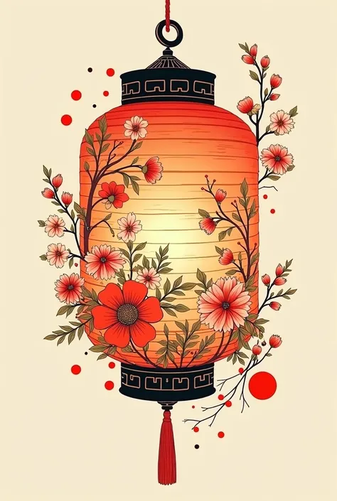 Create a japanese chochin lantern adorned with flowers, handrawn, black outlined, clean background