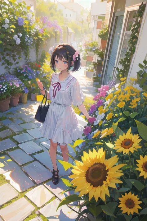 Cute Smile, Wide-angle shot, Young lady, Surrounded by flowers