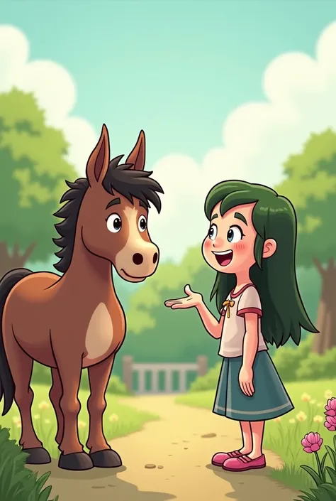 Fille au cheveux vert qui parle à un cheval très agacé par cette fille. Ce cheval a lair de soupirer dennui. Style cartoon