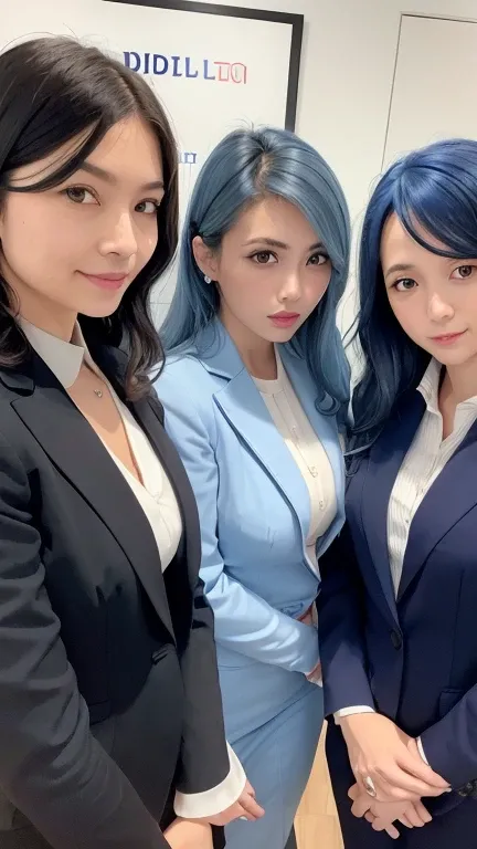 Three Women，((delft blue hair、Trio woman with wavy medium length hair))，An elegant, upper-class, elite secretary wearing a business shirt、I work in an office、厳格なWearing a business suit、I&#39;m wearing pantyhose、I&#39;m wearing high heels、Three girls in shi...