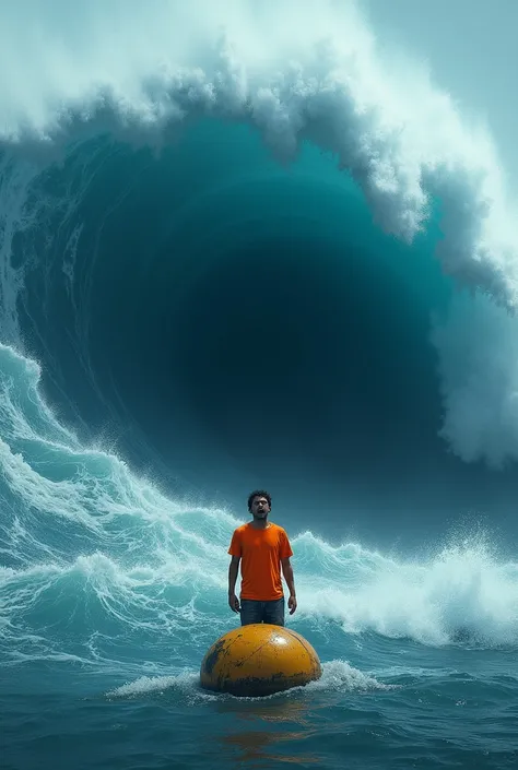 a  with a scared look dressed in an orange shirt on a buoy looking at a big blue wave that=comes towards you