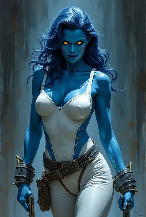 "Portray Mystique, the enigmatic and dangerous mutant, in a dynamic pose full of attitude, reflecting your ability to adapt and handle any situation. Her vibrant blue skin must contrast sharply with her piercing yellow eyes., that convey coldness and confi...