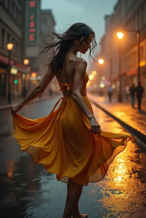 a woman dancing in the rain, beautiful detailed eyes, beautiful detailed body, extremely detailed eyes and face, long eyelashes, elegant flowing dress, raindrops on skin, warm lighting, moody cloudy sky, cinematic composition, dramatic lighting, in the cit...