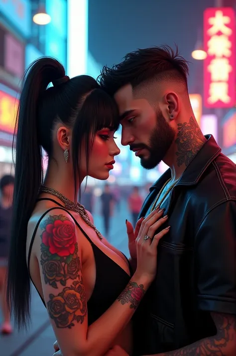 Create a scene somewhere in Tokyo with a front view of a couple, realistic art, virtual,  neon lights, night, She has the features of the singer of the song "Team", Her hair is very long and straight, black in color, She sports a big ponytail, slightly tan...