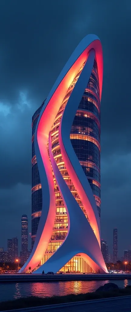 Render a futuristic residential building shaped like a high-heeled shoe, showcasing intricate details and clean lines. The contemporary architecture features a dynamic composition with dramatic outdoor night time lighting, highlighting vibrant colors. Set ...