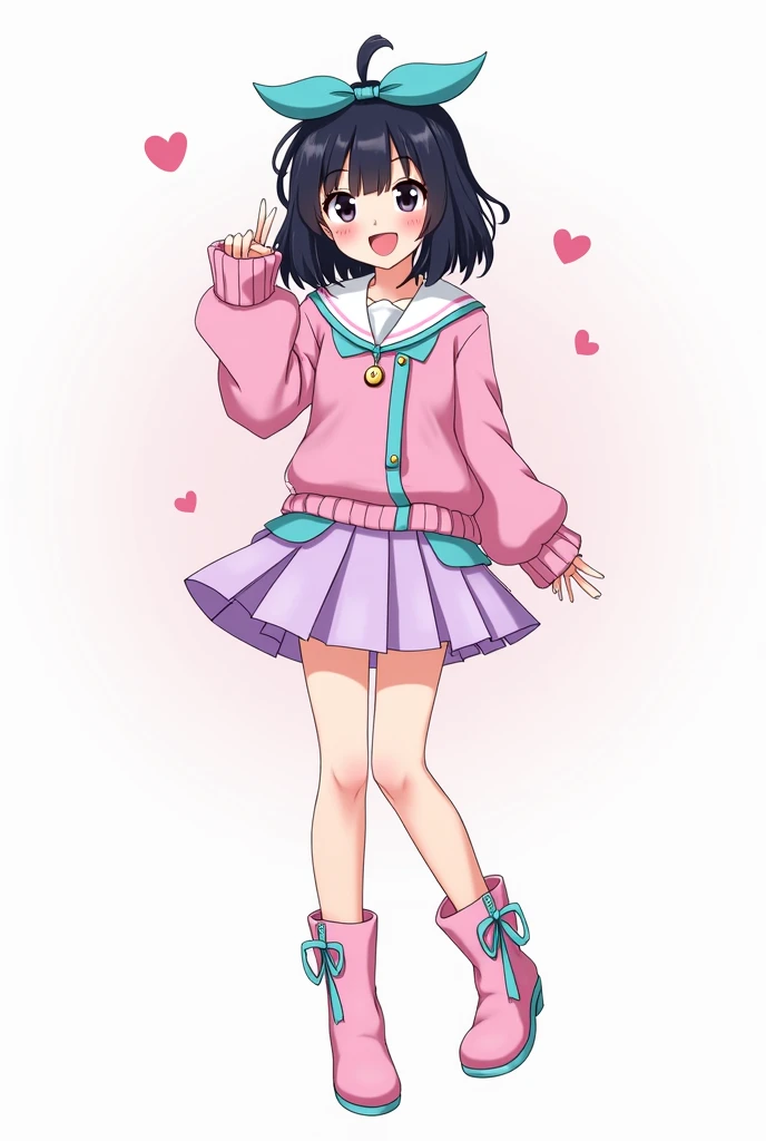 A new anime-type character who appears to have black eyes, black hair color and shoulder length hair with French bangs, that it is a cup B bra and well the clothing can be a short pleated skirt,a sweater and some boots, and color combination between pink a...