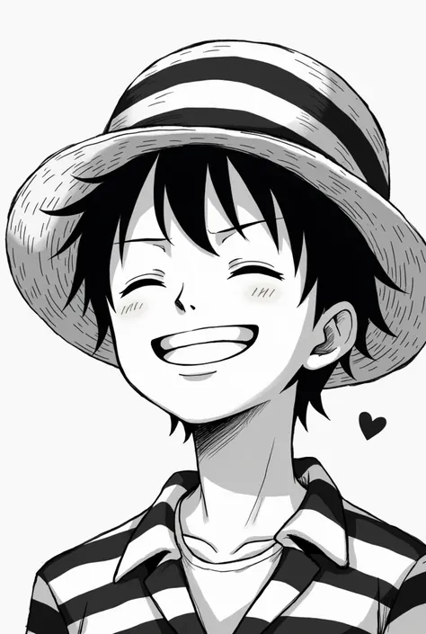 Alone, smile, Open mouth, short black hair, 1 child, black and white striped prison hat, Eyes closed, male approach, heart, black and white striped long sleeve prison uniform, black and white striped long sleeve sweatshirt, straw hat, mono d . luffy