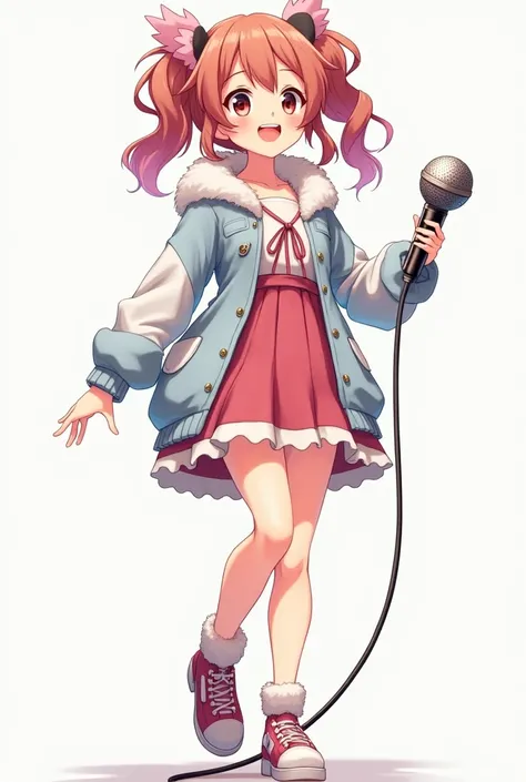 Create a pose for a female anime character standing with her legs together and carrying a full body microphone., front camera, cheerful