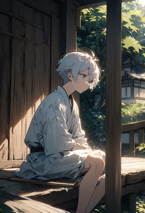 A boy sits on the porch、Distant Mountain々This is a scene where he is staring at。He looked lost in thought.、Next to it is a wooden sword.。Soft sunlight illuminates the scene、The atmosphere is quiet, but it also gives a sense of great potential for the futur...