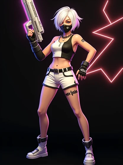 Free Fire female character Cartoon style, with white and light lilac hair like the photo, with a black mouth mask, with a black and white cropped blouse with a very sexy neckline on the chest with the same color as in the photo, with short white shorts ful...