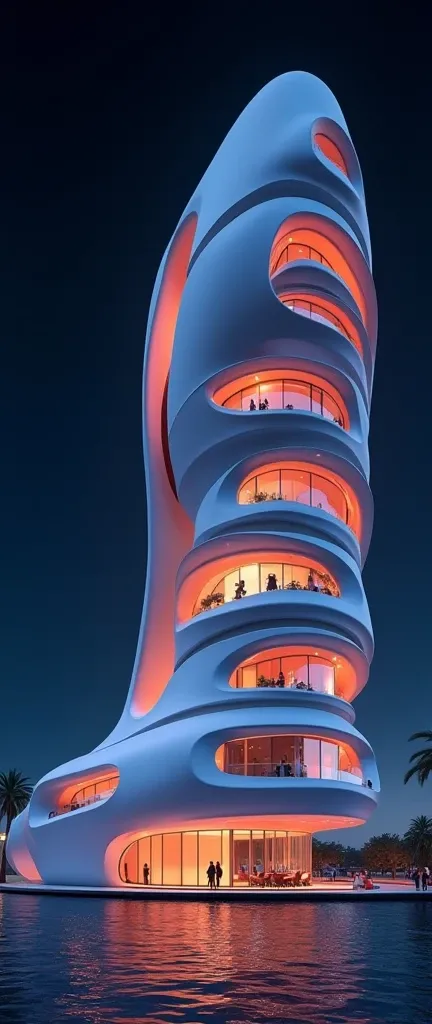 an image of a futuristic residential building shaped like a high-heeled shoe, showcasing intricate details and clean lines. The contemporary architecture features a dynamic composition with dramatic outdoor night time lighting, highlighting vibrant colors....