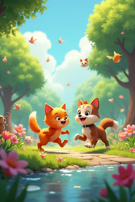 
The orange cat and the dog play in a park, surrounded by other animals. Everyone seems happy. text