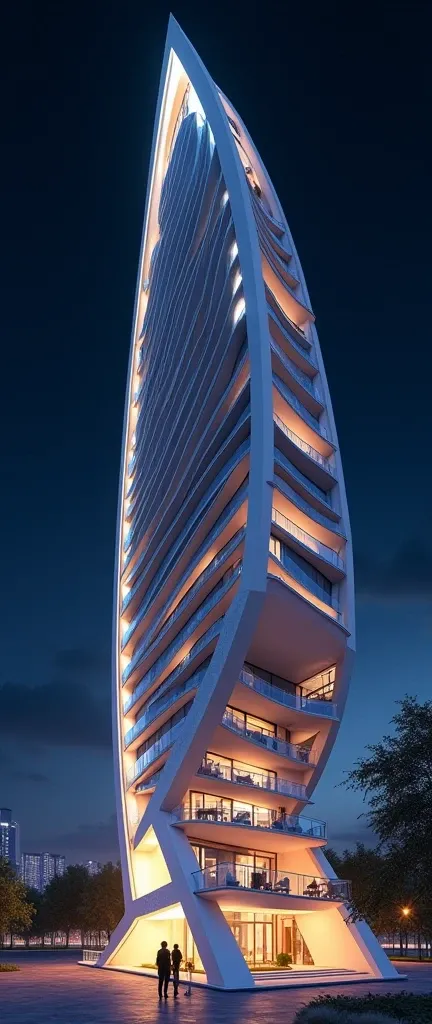 Render a futuristic residential building shaped like a giant stiletto, showcasing intricate details and clean lines. The contemporary architecture features a dynamic composition with dramatic outdoor night time lighting, highlighting vibrant colors. Set ag...