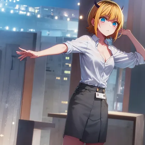 one girl,beautiful girl,city background,short devil horns,short hair, blonde hair with black color on top of head,shiny light bl...