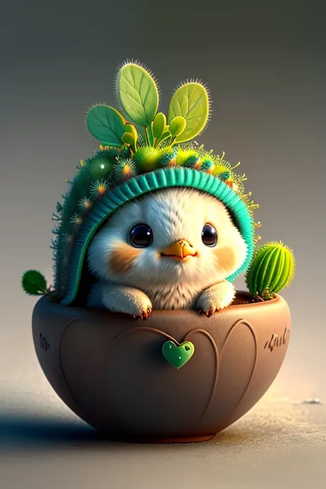 Best image quality、"Create adorable creature masterpieces with highly detailed concept art. Use your imagination", （Chick）, Attention to detail, In 8K、Best image quality、Jump Up、Use magic、Lightning magic in the background、Cactus