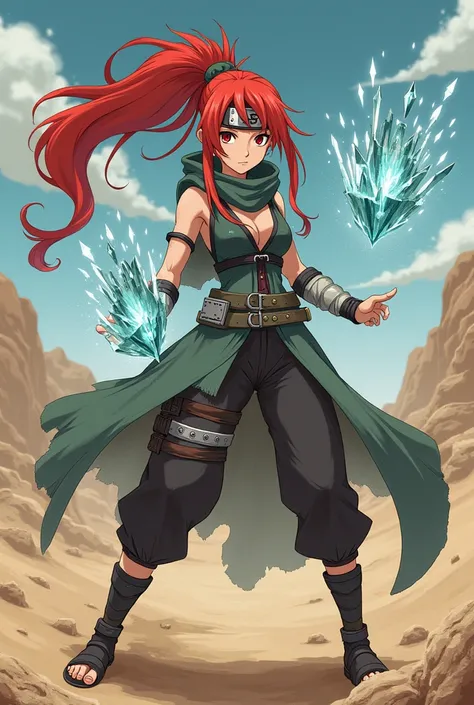 Naruto anime ninja woman with red hair, Sand Village serie outfit, with crystal powers 