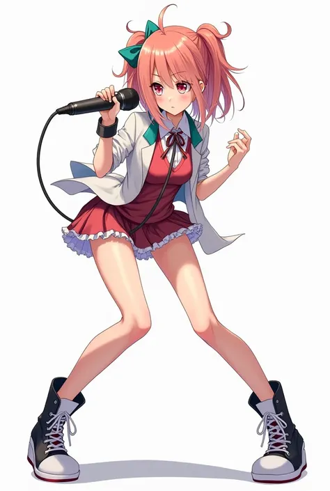 Create a pose for a female anime character standing with her legs together and carrying a full body microphone., Front camera, squat down a little 