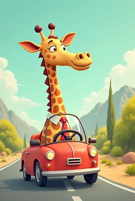 a giraffe driving a car that the giraffe has no hands but does have a tie, that is animated and easy to draw
