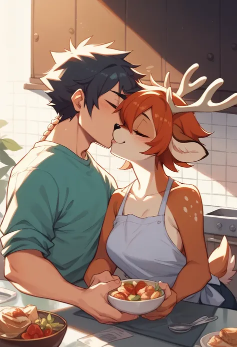 shirou ogami and deer furry kissing smiling romantic platonic love. in kitchen about to eat breakfast, kinda sleepy looking hand...