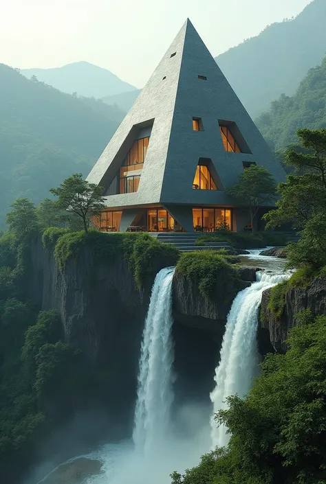 a pyramid shaped house with a waterfall next to it