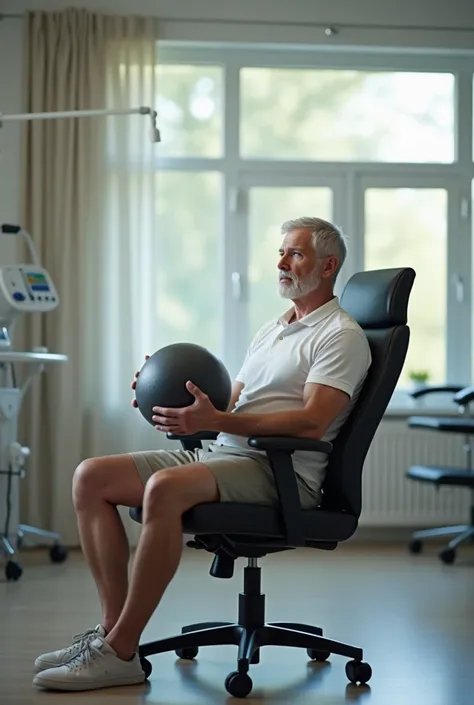 Man sitting on a chair with a ball in his hand, physiotherapy theme 
