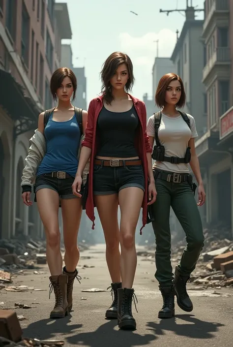 Make Jill Valentine from Resident Evil with short brown hair, blue fitted sleeveless t-shirt, white jacket tied at the waist, short black fault, very large breasts and long brown boras, Claire Redfield from Resident Evil with long brown hair tied back, bla...