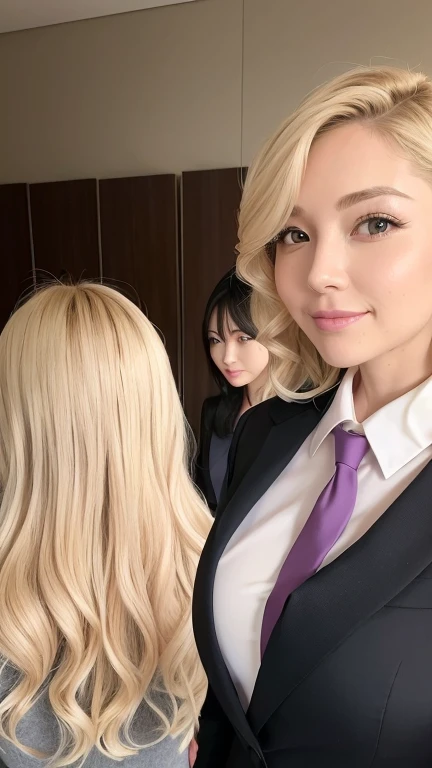 Three Women，((Blonde Hair、Trio woman with wavy medium length hair))，An elegant, upper-class, elite secretary wearing a business shirt、I work in an office、厳格なWearing a business suit、I&#39;m wearing pantyhose、I&#39;m wearing high heels、Three girls in shirts、...