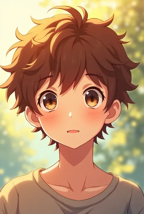 a male character with short curly hair and brown eyes in an anime drawing