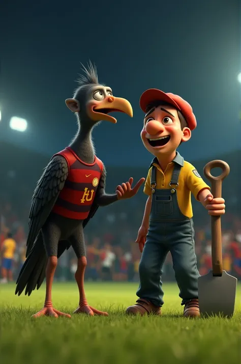 3d animation of angry hairless black vulture wearing shirt with red and black horizontal stripes and a crf anagram on the left side stepping on a crying adult train driver in beret overalls wearing shirt with yellow and black vertical stripes with an iron ...