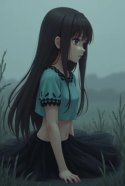 Anime girl with long dark brown hair, black eyes, with a black tutu skirt, a mint blue crop top with short round sleeves with trim and bat print, sitting bored looking at the horizon