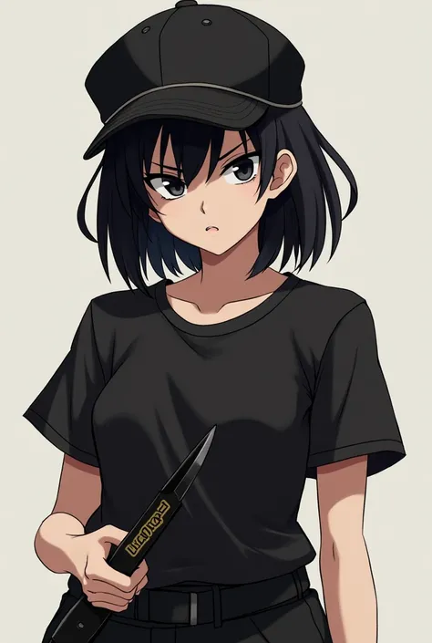 Anime style girl my hero academia , black hair and medium long hair, with side tuft, black eyes, a black t-shirt up to the shoulders and black pants, with a serious face, He has a black knife in his hand and a black cap