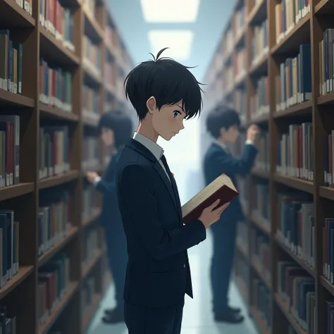 Anime highschool boy, wearing korean 
school uniform, a boy choosing a book in a library , with a blurry crowd and book 
background