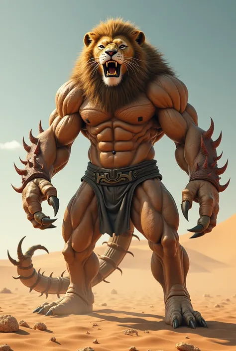 Lion and scorpion are combined bodybuilder big size in the desert scary face  only one