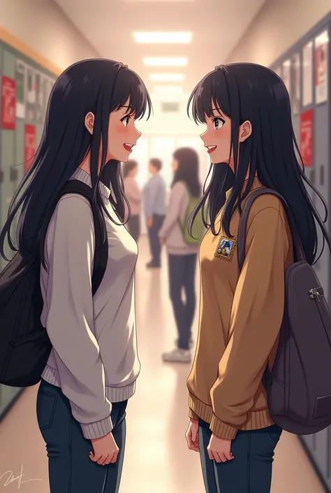 Two black-haired female teenagers inside a school socializing 
